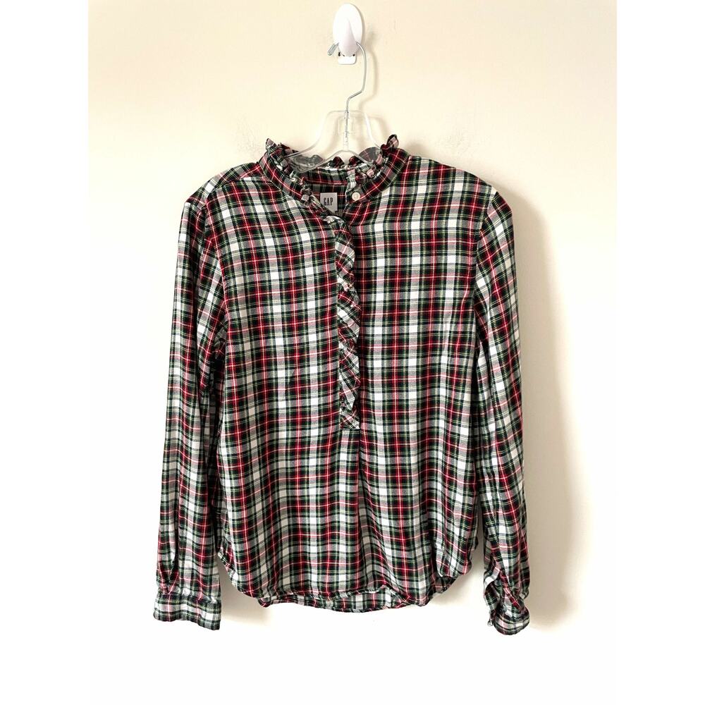 Gap Flannel Ruffle Plaid Shirt Red Green Size Medium